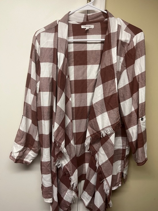 Maurices Sweaters - Maurices mauve & White Buffalo Check Fringe Cardigan washed but not worn